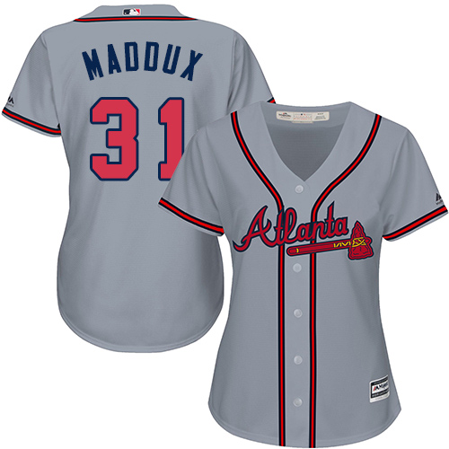 Braves #31 Greg Maddux Grey Road Women's Stitched MLB Jersey - Click Image to Close